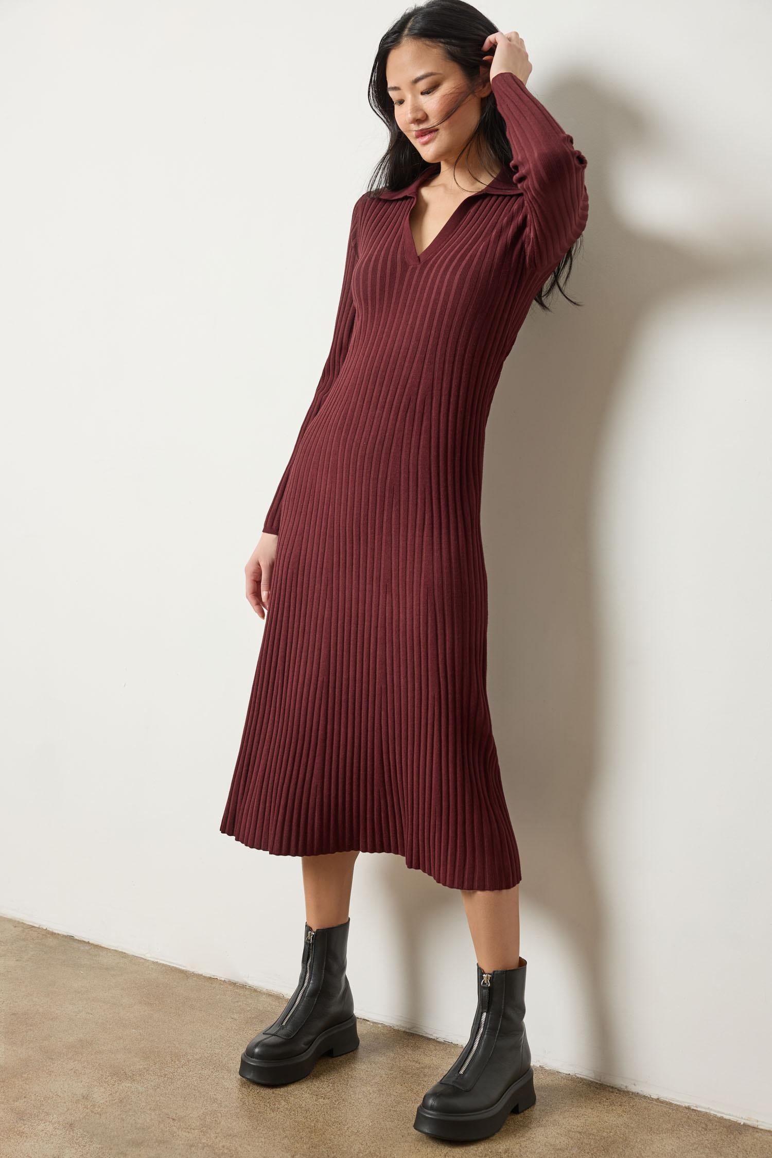 Long Sleeve Rib Henley Dress Womens Dress Dark Cherry A3