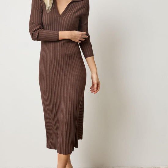Long Sleeve Rib Henley Dress Womens Dress Mink A1