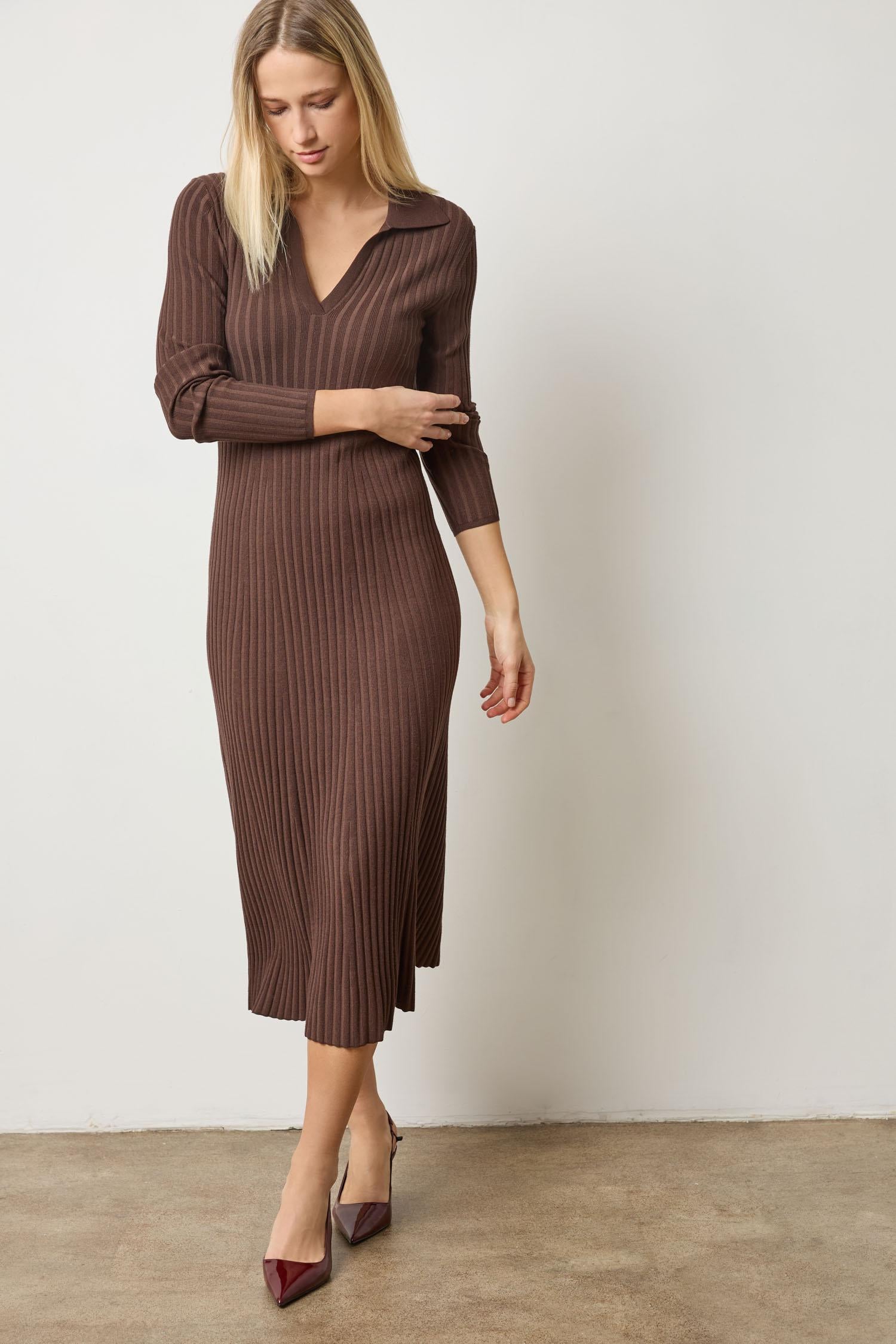 Long Sleeve Rib Henley Dress Womens Dress Mink A1