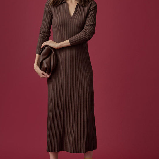 Long Sleeve Rib Henley Dress in color Mink Image C0