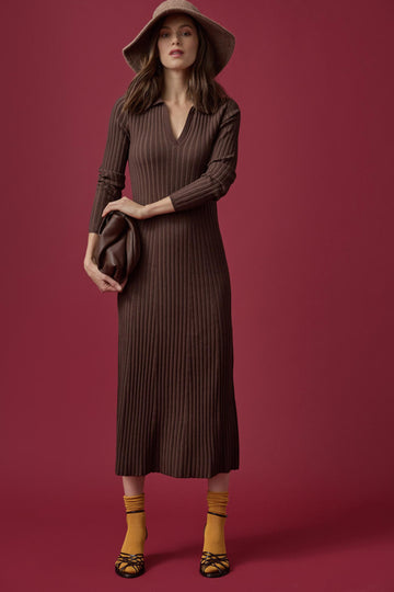 Long Sleeve Rib Henley Dress in color Mink Image C0