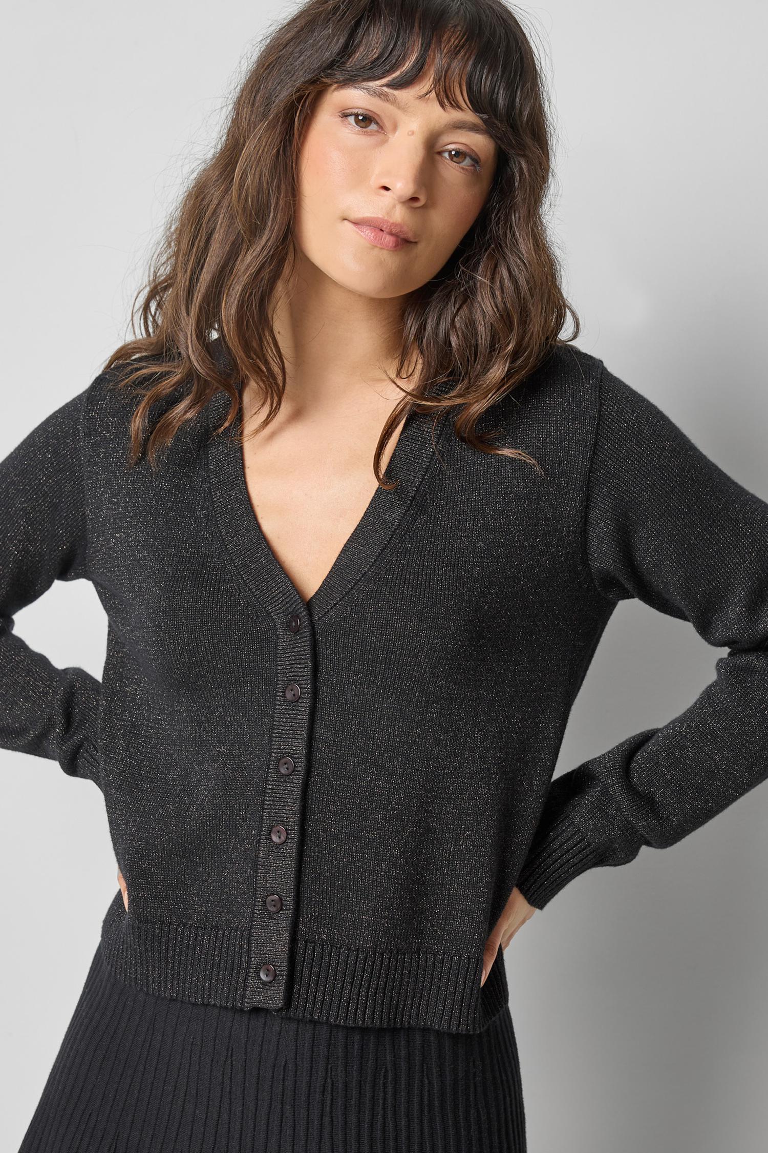 V-Neck Cardigan Womens Sweater Black Sparkle A1