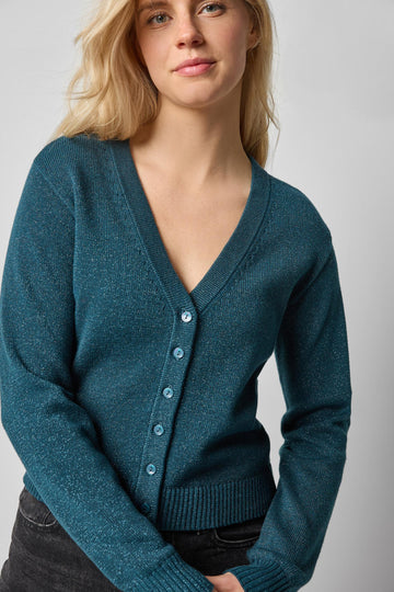 V-Neck Cardigan Womens Sweater Deep Sea Sparkle A1