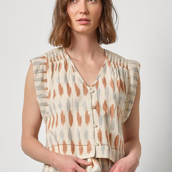 Ikat Shirred Shoulder Top Womens Top Carob Ikat A1