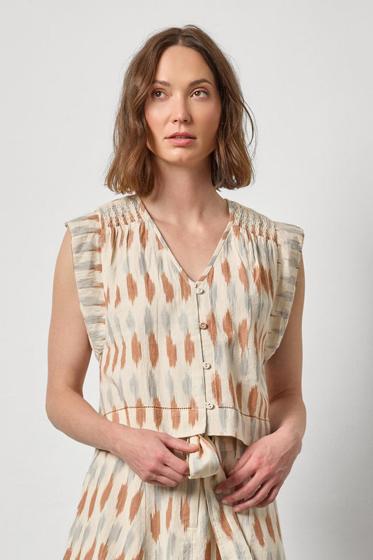 Ikat Shirred Shoulder Top Womens Top Carob Ikat A1