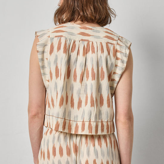 Ikat Shirred Shoulder Top Womens Top Carob Ikat A2