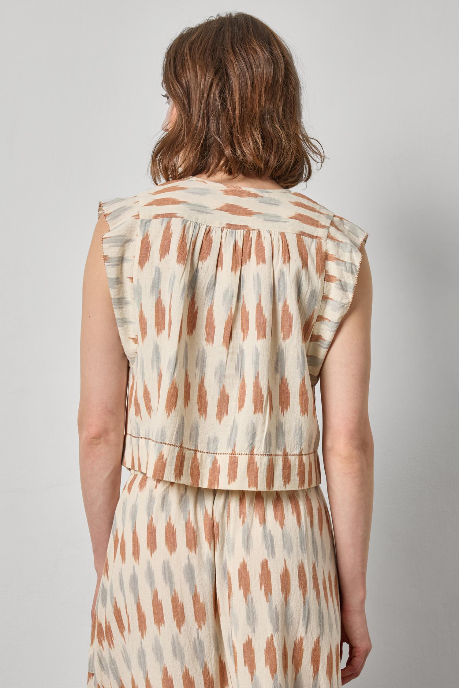 Ikat Shirred Shoulder Top Womens Top Carob Ikat A2
