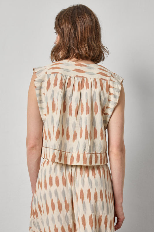 Ikat Shirred Shoulder Top Womens Top Carob Ikat A2