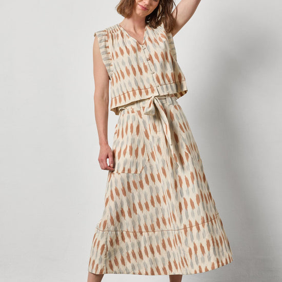 Ikat Shirred Shoulder Top Womens Top Carob Ikat A3