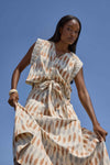Ikat Shirred Shoulder Top Womens Top Carob Ikat C1