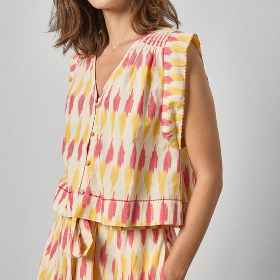 Ikat Shirred Shoulder Top Womens Top Taffy Ikat A1