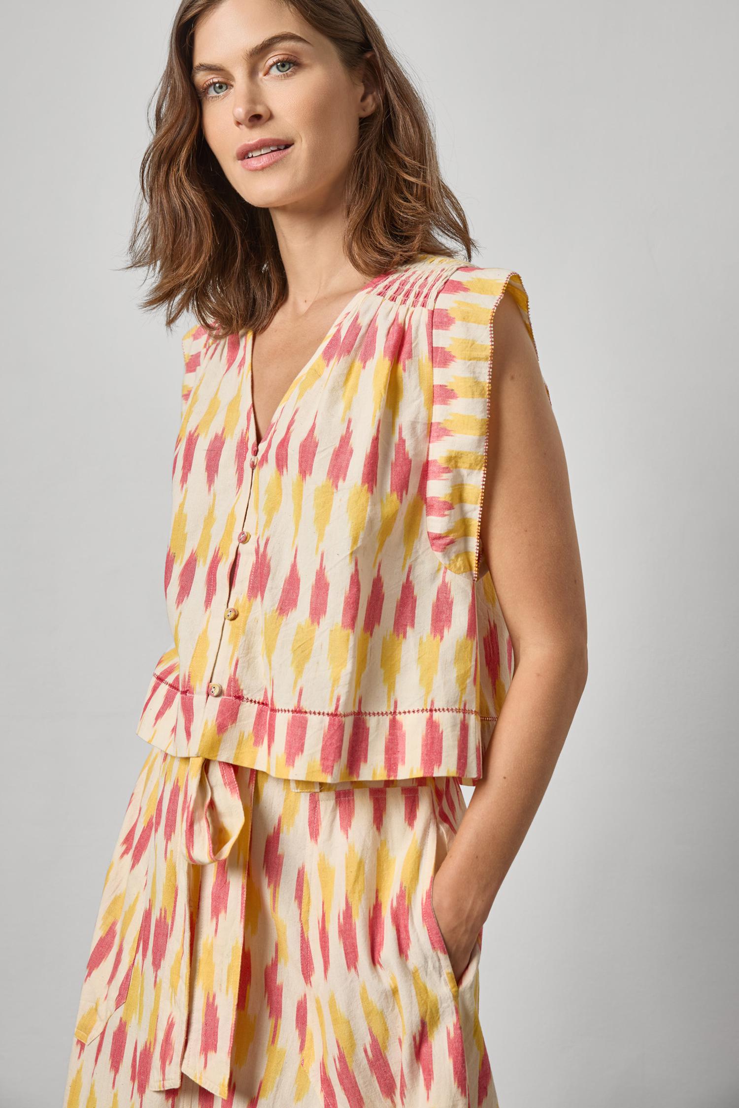 Ikat Shirred Shoulder Top Womens Top Taffy Ikat A1