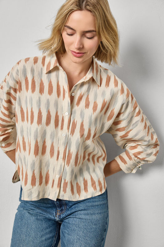Ikat Dolman Button Down Womens Top Carob Ikat A1