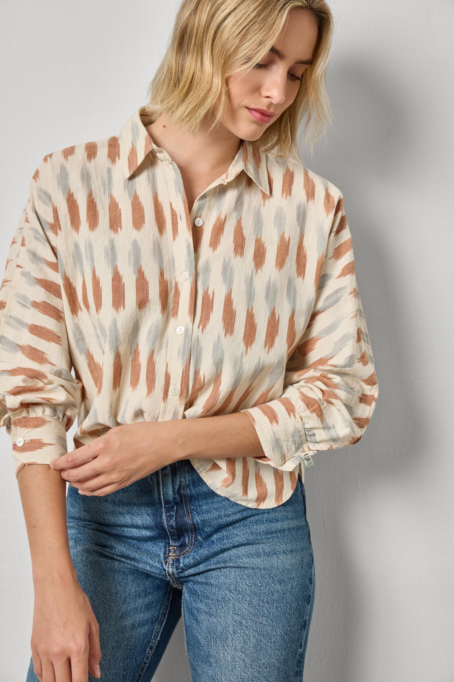 Ikat Dolman Button Down Womens Top Carob Ikat A3
