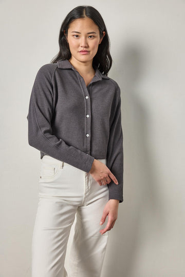 Easy Raglan Button Down Womens Top Granite A1