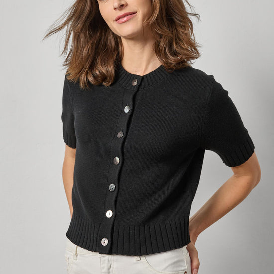 Elbow Sleeve Button Cardigan Womens Sweater Black A1