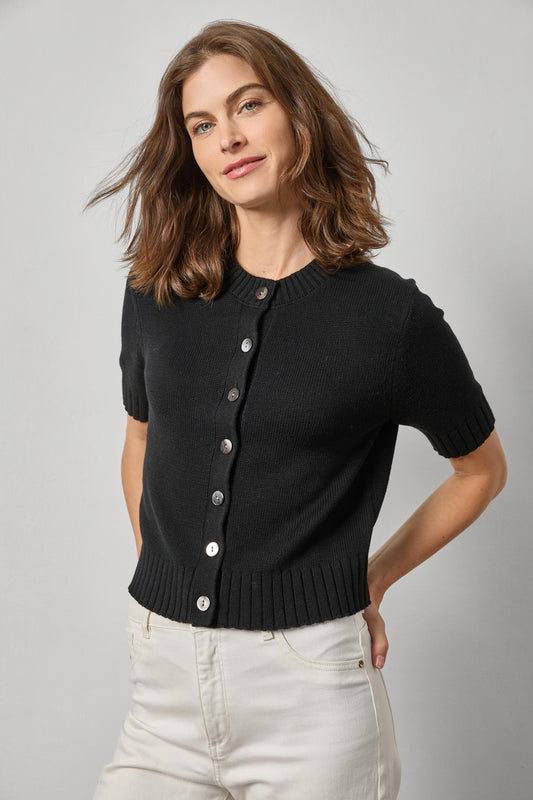 Elbow Sleeve Button Cardigan Womens Sweater Black A1