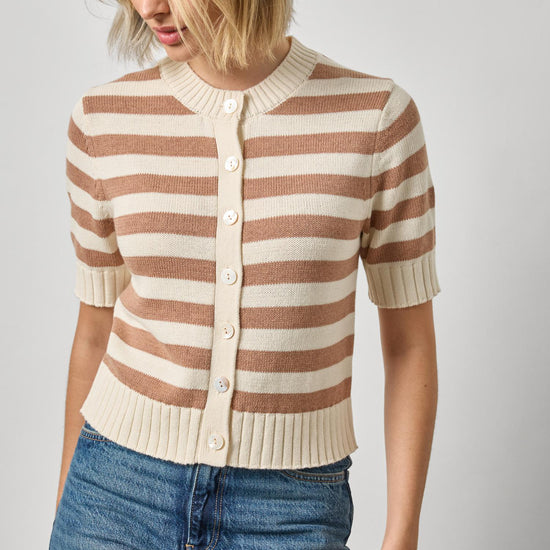 Elbow Sleeve Button Cardigan Womens Sweater Fawn Stripe A1