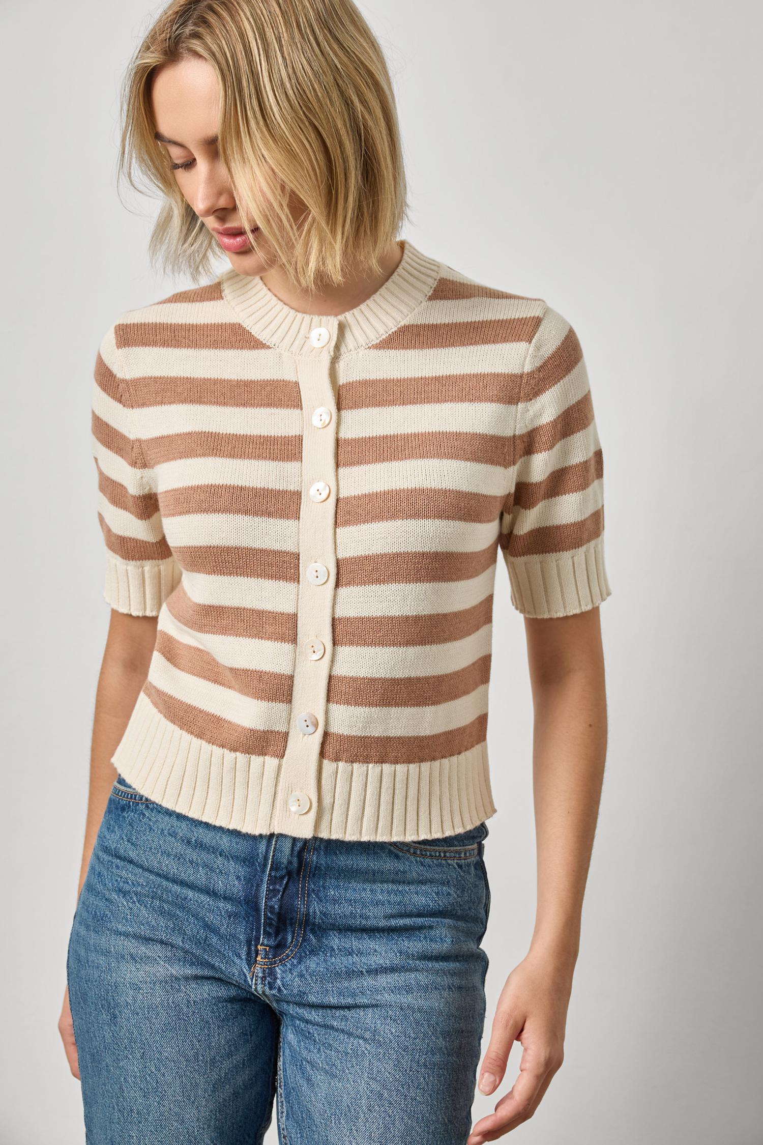 Elbow Sleeve Button Cardigan Womens Sweater Fawn Stripe A1