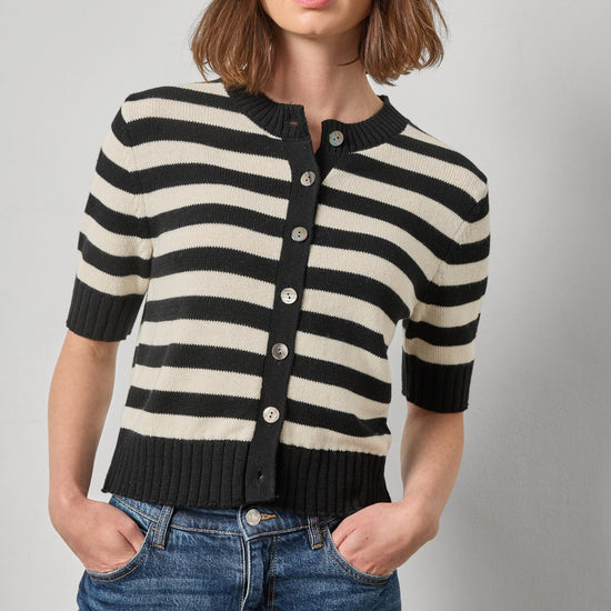 Elbow Sleeve Button Cardigan Womens Sweater Jet Black Stripe A1