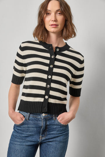 Elbow Sleeve Button Cardigan Womens Sweater Jet Black Stripe A1