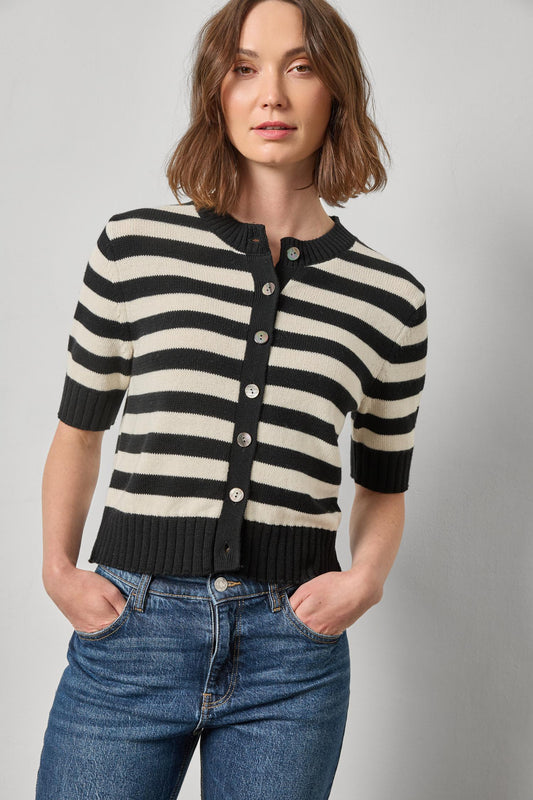 Elbow Sleeve Button Cardigan Womens Sweater Jet Black Stripe A1