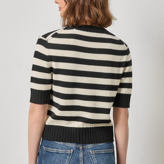 Elbow Sleeve Button Cardigan Womens Sweater Jet Black Stripe A2