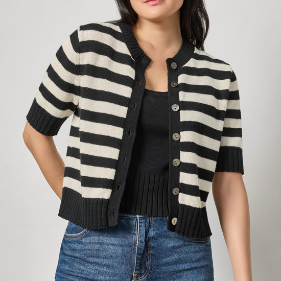 Elbow Sleeve Button Cardigan Womens Sweater Jet Black Stripe A3