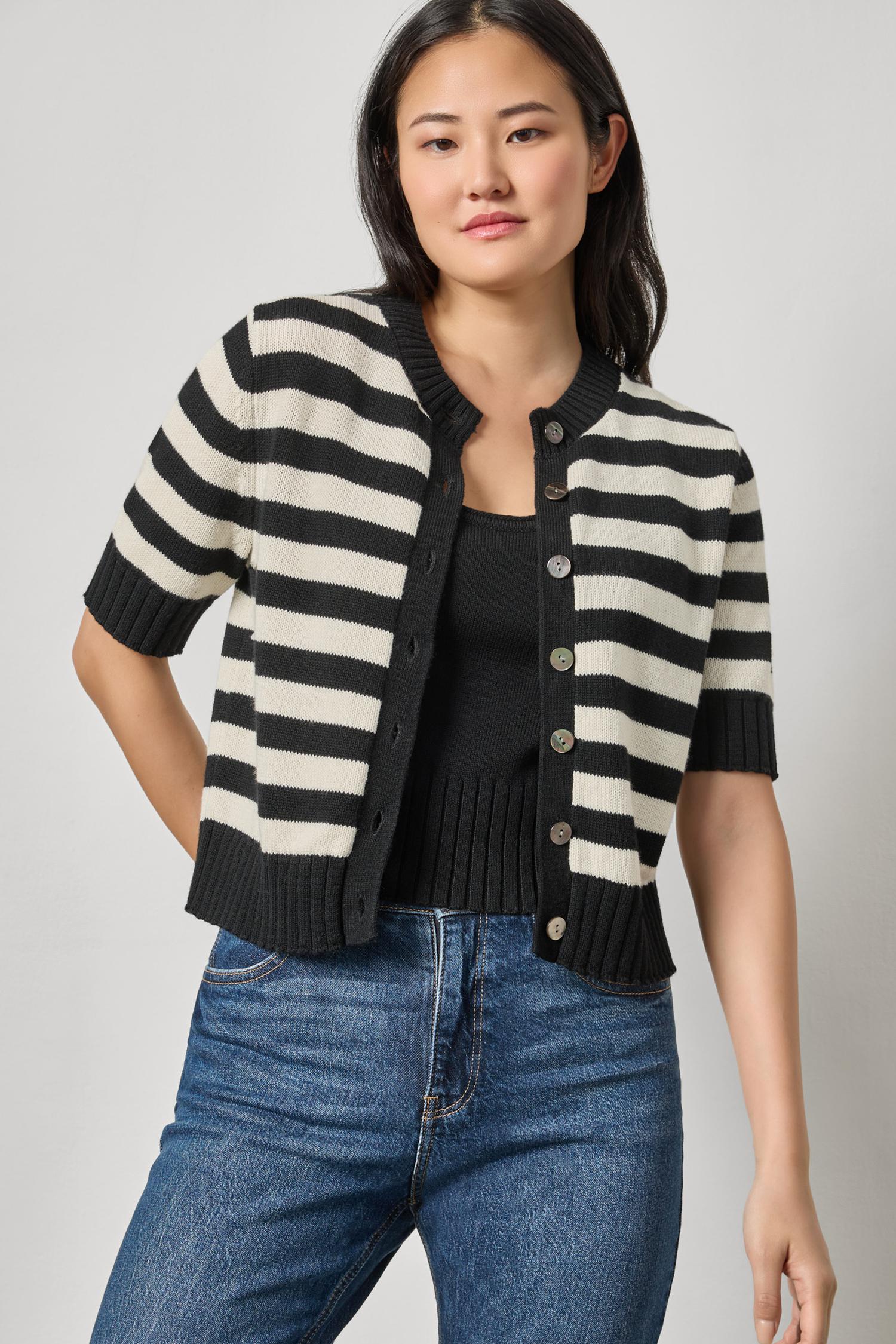 Elbow Sleeve Button Cardigan Womens Sweater Jet Black Stripe A3