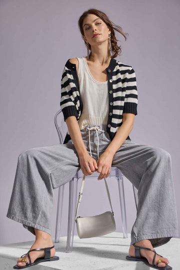 Elbow Sleeve Button Cardigan in color Jet Black Stripe Image C1