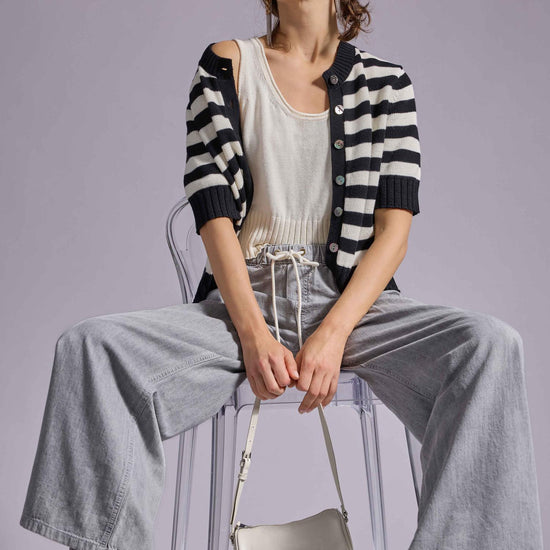 Elbow Sleeve Button Cardigan Womens Sweater Jet Black Stripe C1