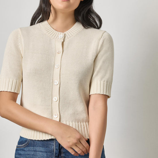 Elbow Sleeve Button Cardigan Womens Sweater Off White A1