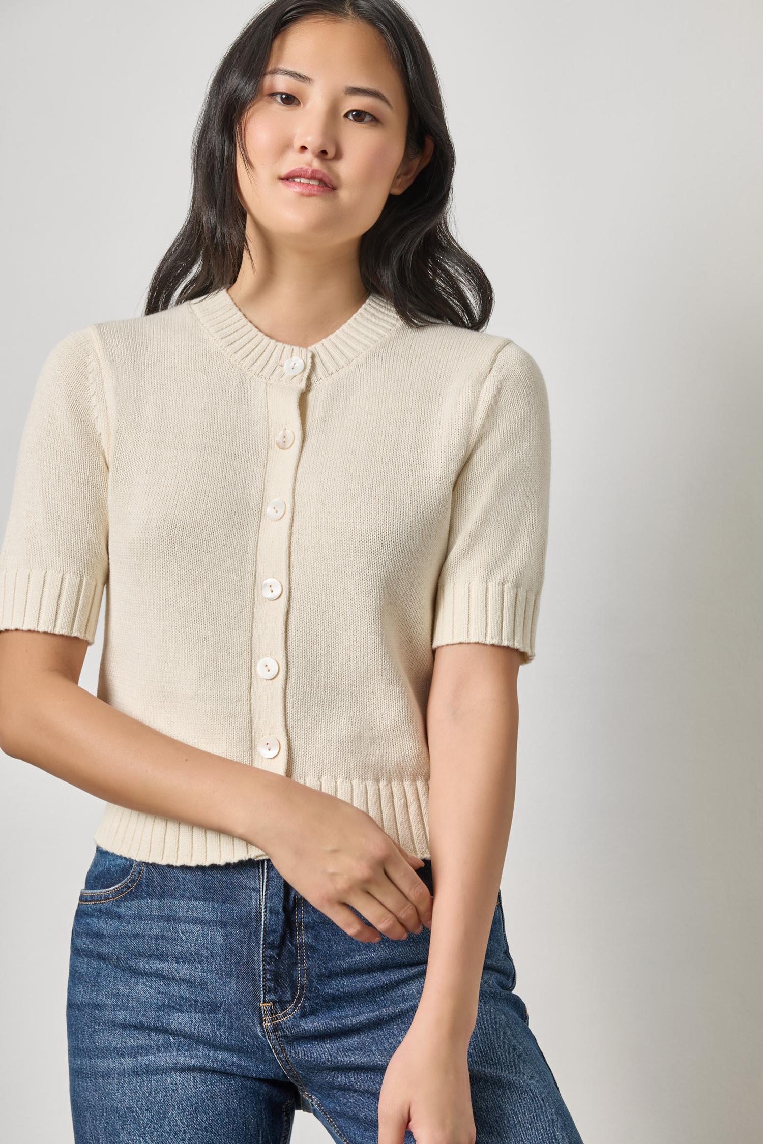 Elbow Sleeve Button Cardigan Womens Sweater Off White A1