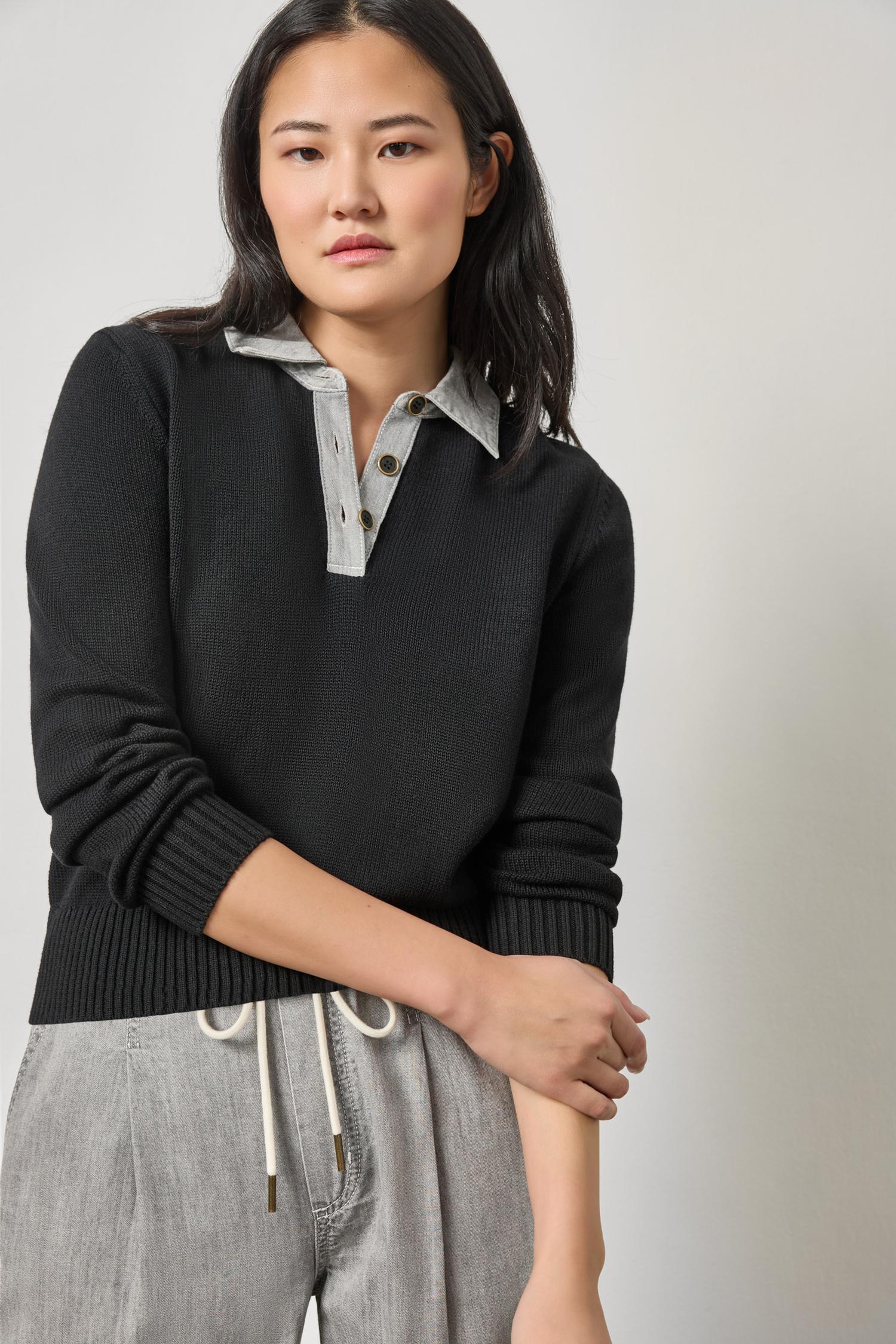 Denim Collar Polo Sweater Womens Sweater Black A1