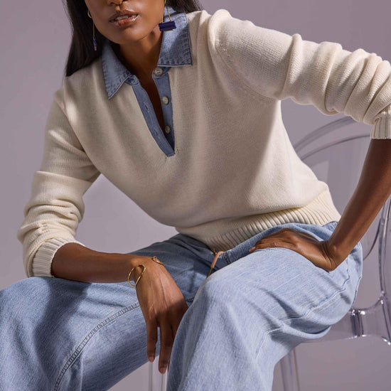 Denim Collar Polo Sweater Womens Sweater Off White C1