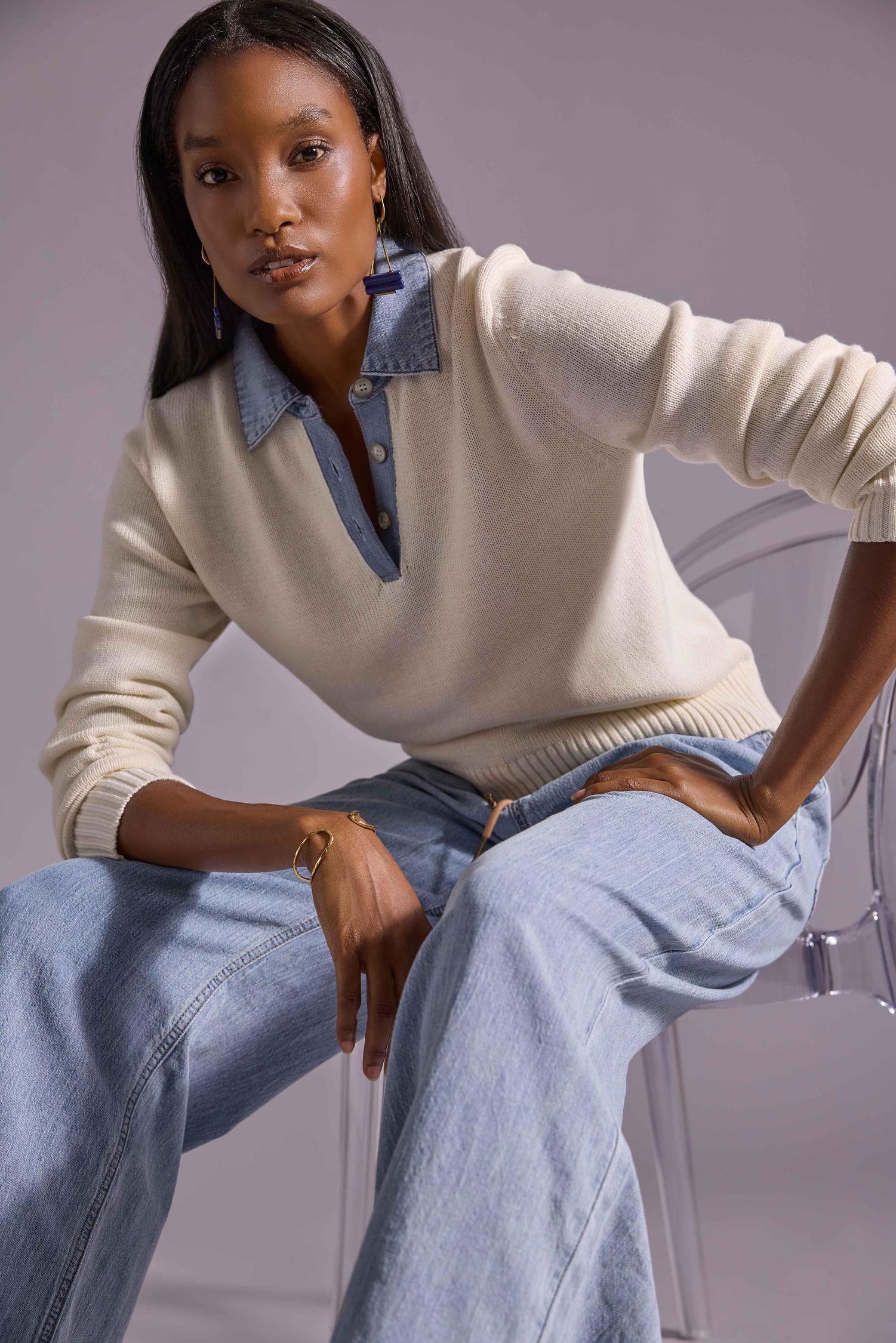 Denim Collar Polo Sweater Womens Sweater Off White C1