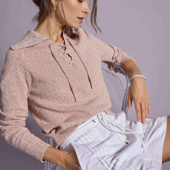 Lace Neck Polo Sweater Womens Sweater Driftwood Marl C1