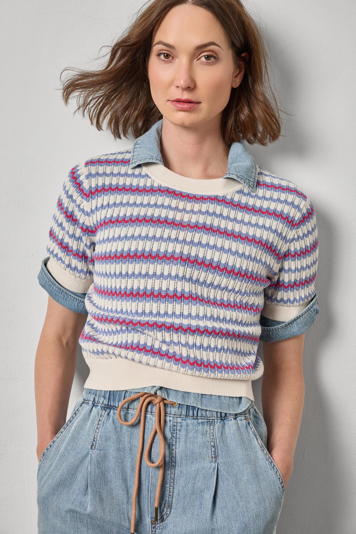 Novelty Stripe Crewneck Sweater Womens Sweater Azalea Scallop A3