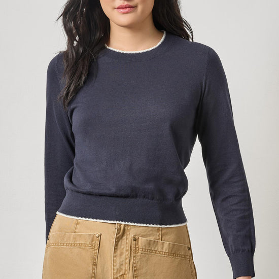 Picot Edge Crewneck Sweater Womens Sweater Navy A1