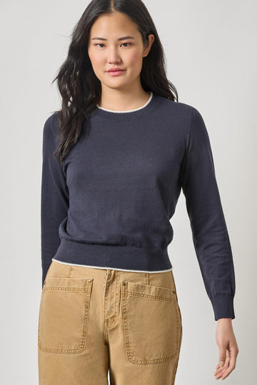 Picot Edge Crewneck Sweater Womens Sweater Navy A1
