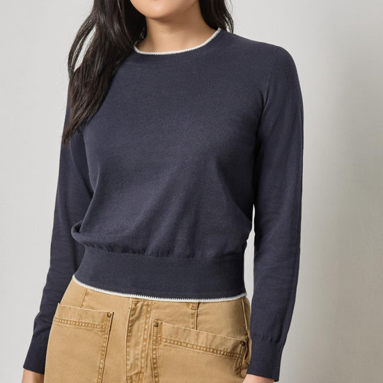 Picot Edge Crewneck Sweater Womens Sweater Navy A3