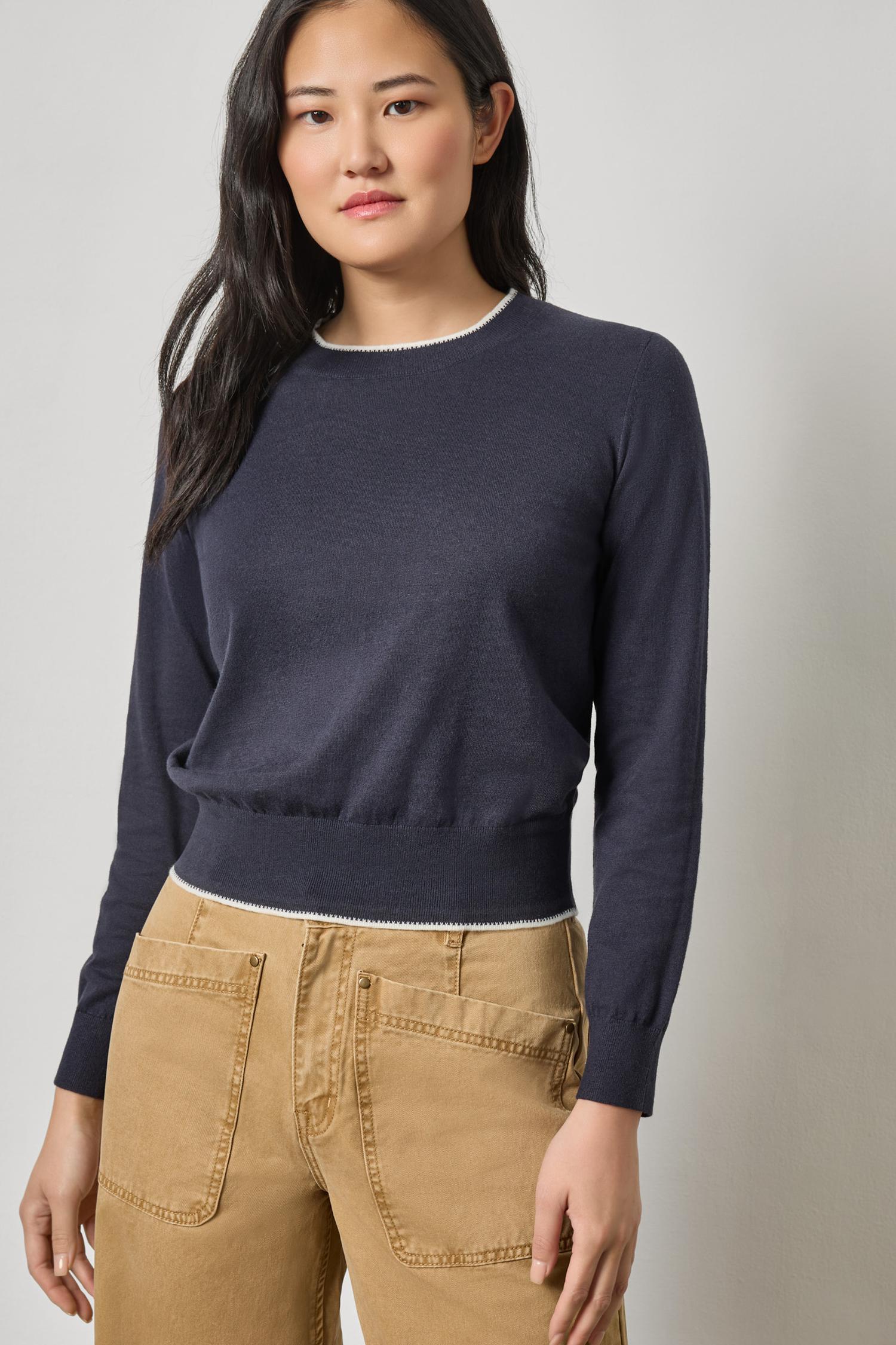 Picot Edge Crewneck Sweater Womens Sweater Navy A3