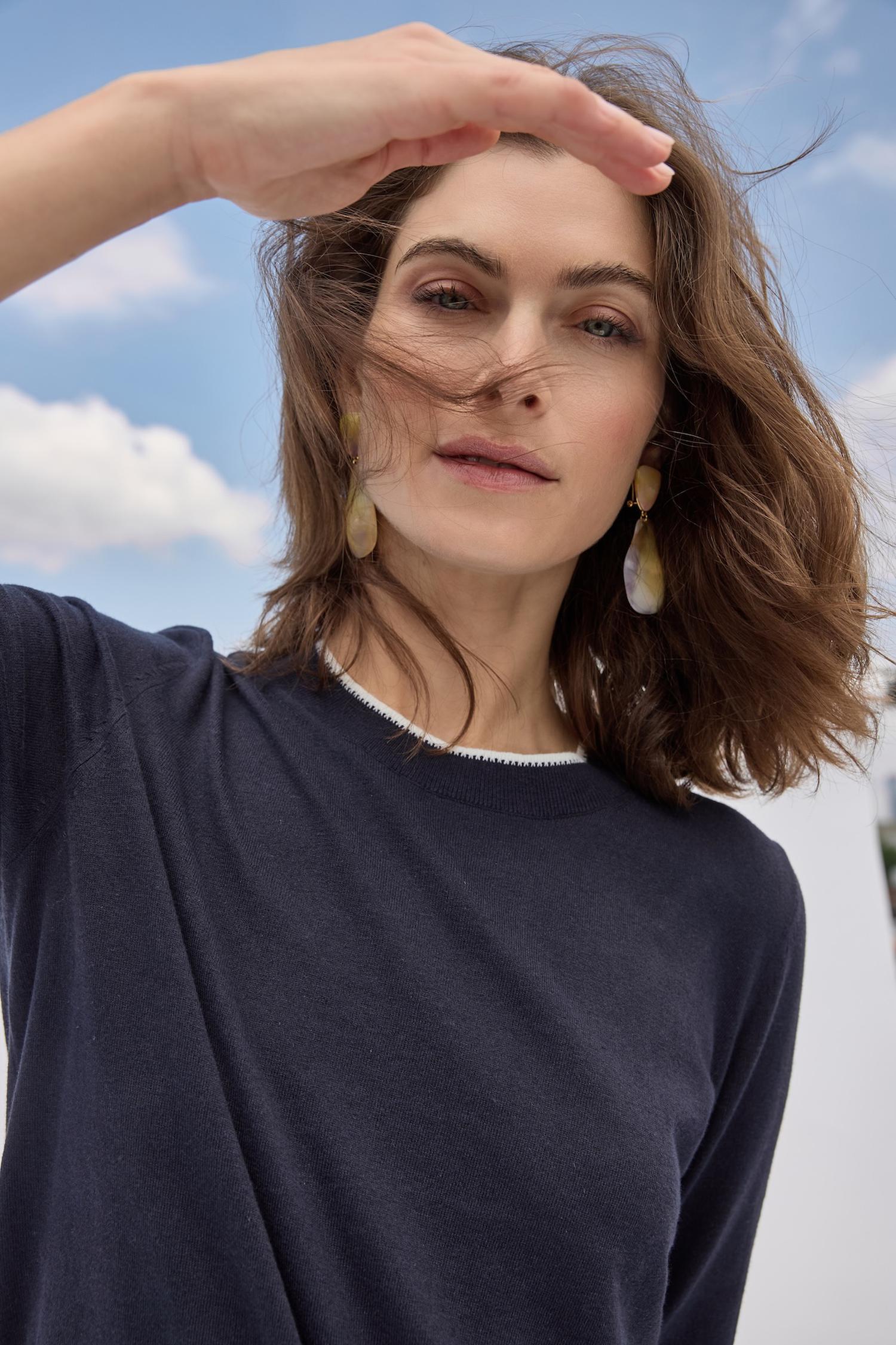 Picot Edge Crewneck Sweater Womens Sweater Navy C2