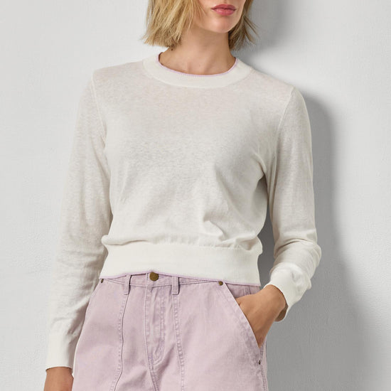 Picot Edge Crewneck Sweater Womens Sweater White Linen A1