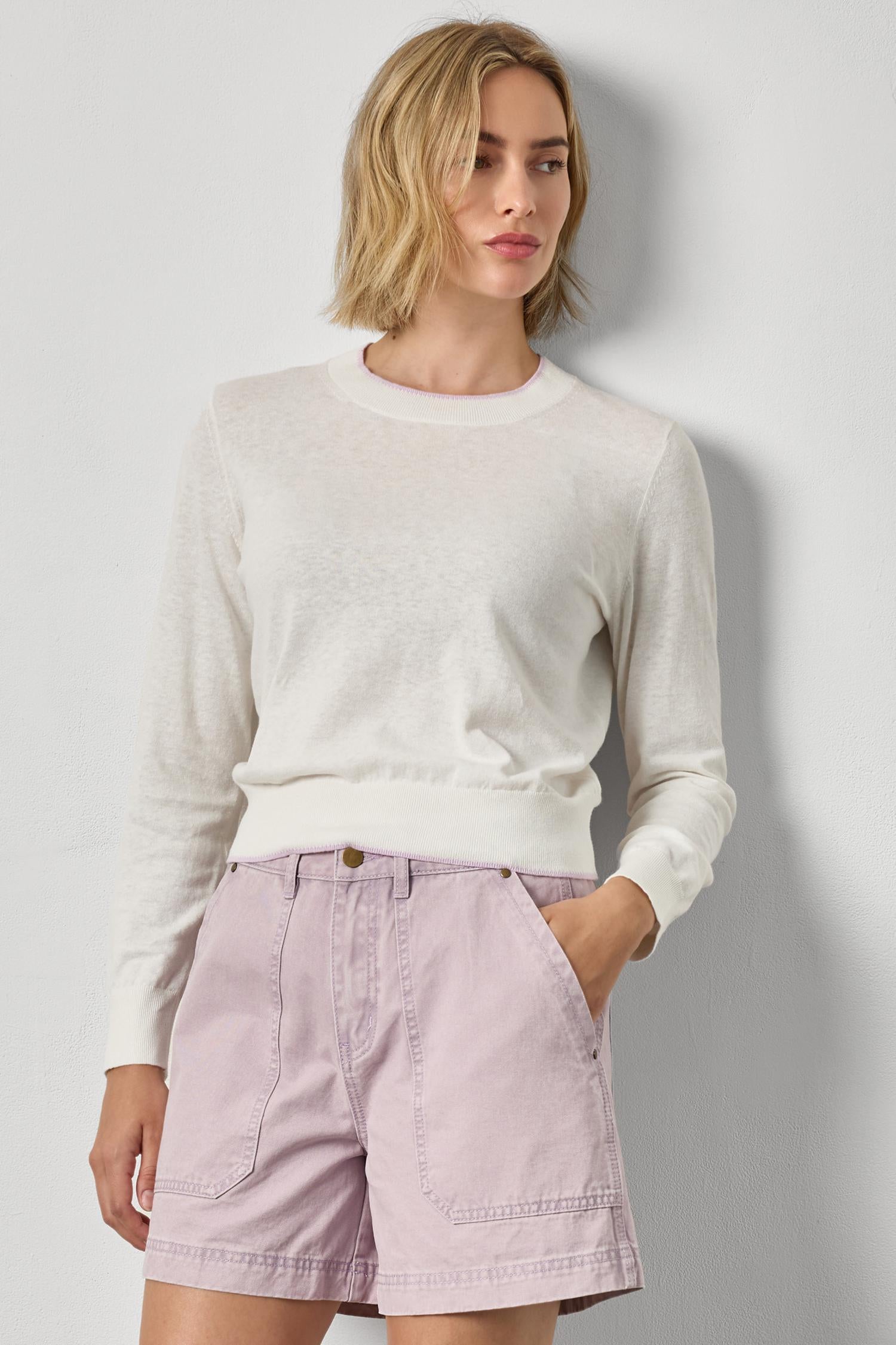 Picot Edge Crewneck Sweater Womens Sweater White Linen A1