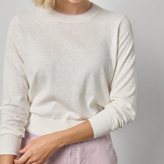 Picot Edge Crewneck Sweater Womens Sweater White Linen A3