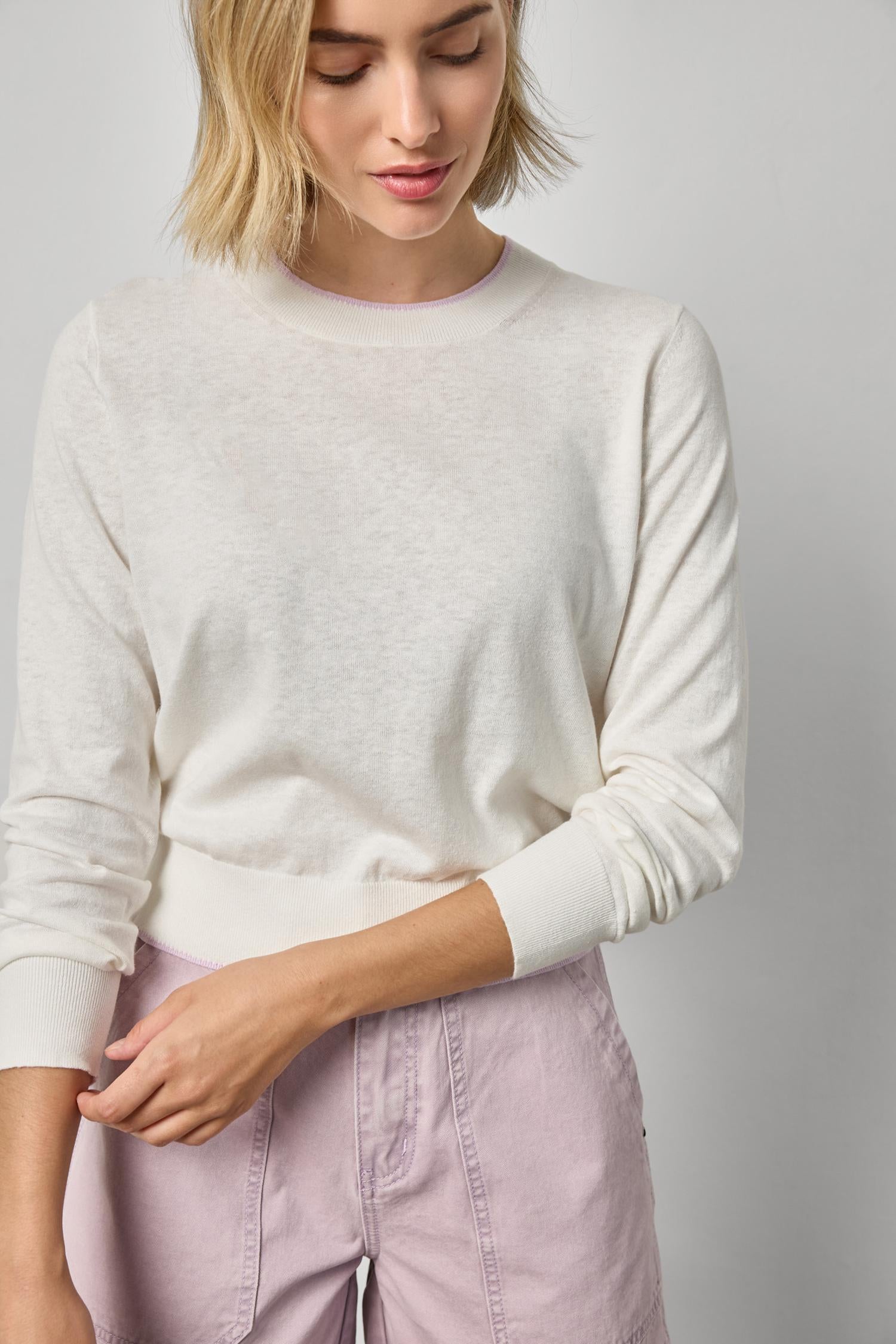 Picot Edge Crewneck Sweater Womens Sweater White Linen A3