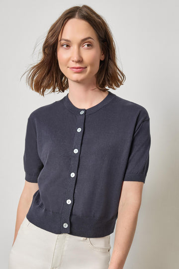 Short Sleeve Cardigan Womens Sweater Navy A1