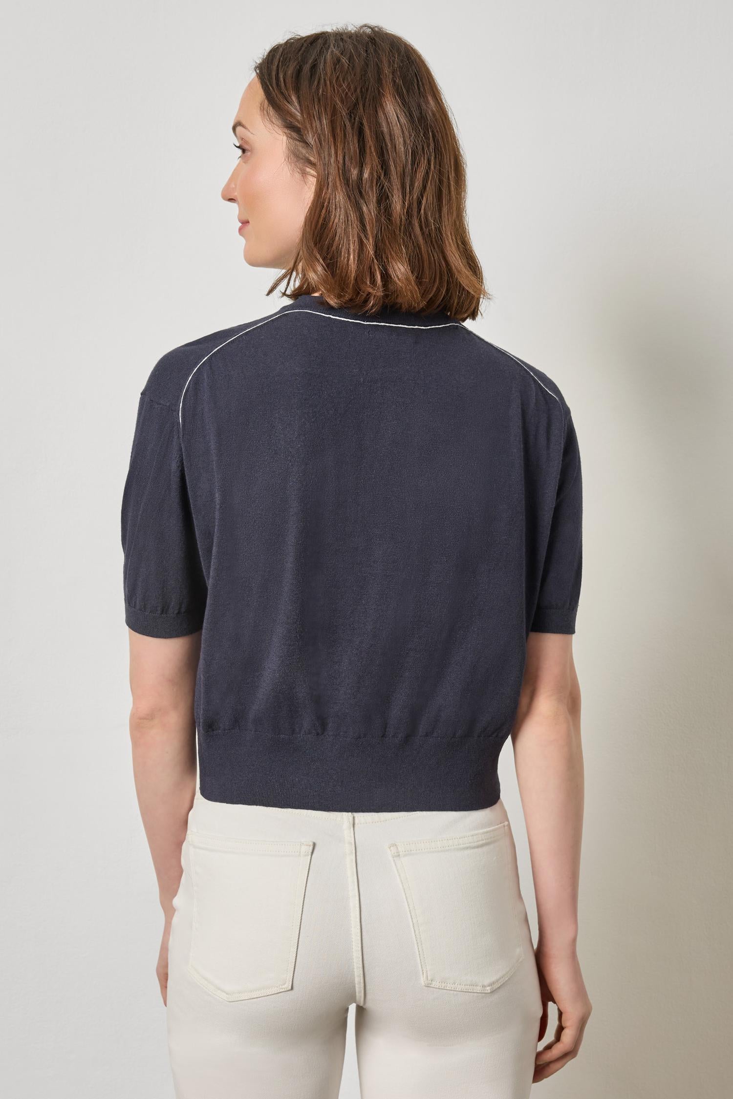 Short Sleeve Cardigan Womens Sweater Navy A2