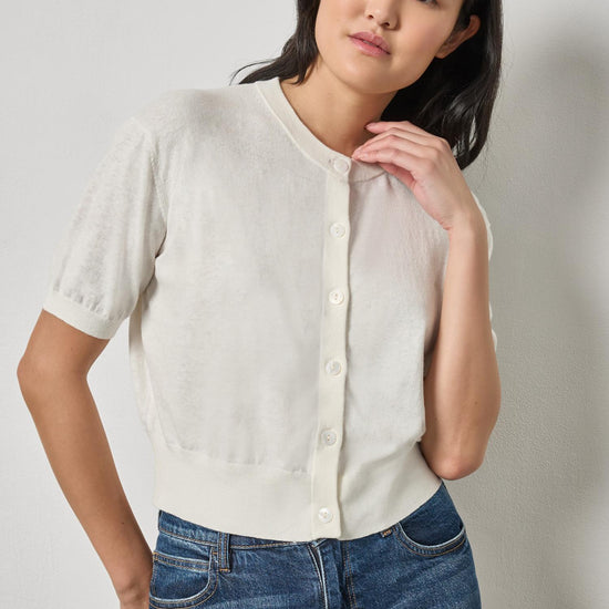 Short Sleeve Cardigan Womens Sweater White Linen A1